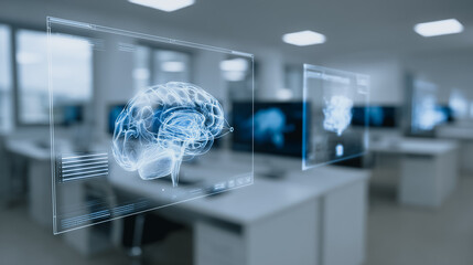 A cutting-edge display of brain. A scientific visualization of the human brain against the backdrop of a modern, sleek office, it shows innovative technology with a sense of wonder. 