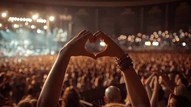 Crowd of Audience at during a concert with silhouette of a heart shaped hands shadow, light illuminated is power of music concert
