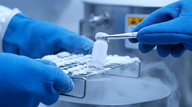 Professional scientist transferring cryogenic samples using sterile forceps laboratory research