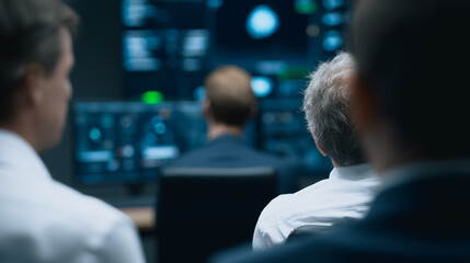 A team of professionals collaborating, monitoring the complex systems, data analysis, and strategic planning. showing technology integration and professional focus