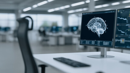 A high-tech workspace where medical imaging is displayed on a computer screen. This image reflects a futuristic feel and evokes a sense of medical advancement. 