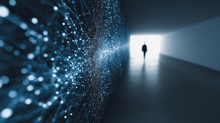 A silhouetted figure walks towards a bright doorway, next to an intricate digital data network, embodying concepts of connectivity, information, and the future.