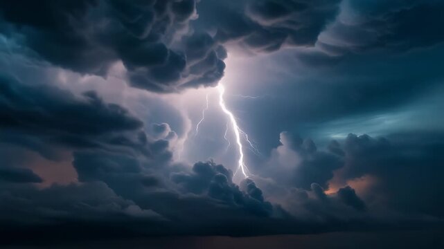Dramatic Lightning Strike Illuminating Dark Storm Clouds in an Atmospheric Sky