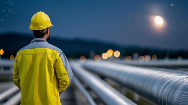 Industrial worker in safety gear observing pipelines under the moonlight at night