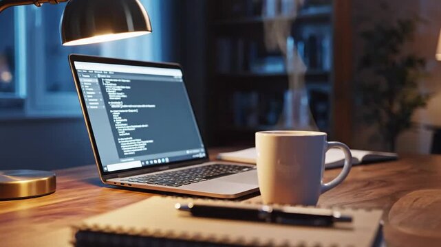 Laptop with code on screen, coffee cup, and notebook on a desk at night, illuminated by a desk lamp, representing late-night coding or study session.