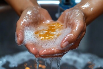 Close-up of cupped hands holding golden liquid soap and white foam under running water, conveying gentle care and cleanliness