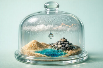 Miniature Landscape Under Glass Cloche With Condensation, Hanging Water Drop, Storm Cloud And Lightning