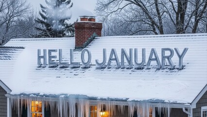 Hello January sign on a snow-covered roof with icicles hanging from the eaves, winter scene.
