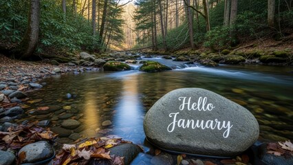 Hello January serene forest stream with autumn leaves and smooth water flow.