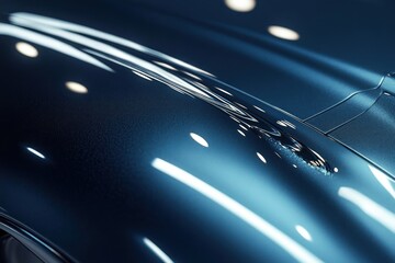 close-up of glossy metallic blue car hood with curved panel lines, seam and small vent, studio light reflections creating a sleek, luxurious and polished mood