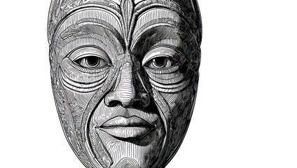 Intricate African Tribal Mask Engraving on White Background.