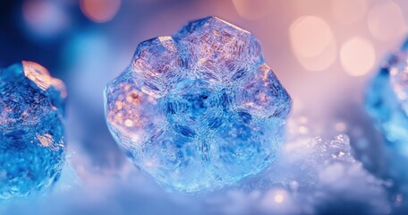 Macro close-up of a crystalline snowflake cluster on frost with glowing warm bokeh, delicate sparkling texture and tranquil icy atmosphere