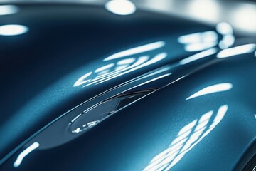 close-up of glossy metallic blue car hood with chrome trim and sculpted curves reflecting bright studio lights, sleek elegant and futuristic mood
