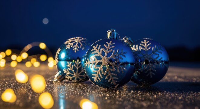 Festive blue ornaments with glitter and sparkling lights
