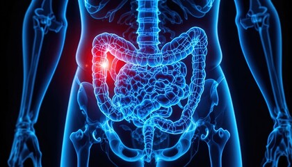 Human digestive system with highlighted inflamed intestine