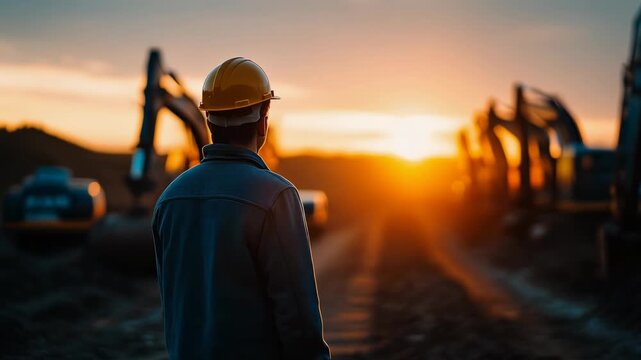 Construction worker observing sunset over machinery in vibrant landscape