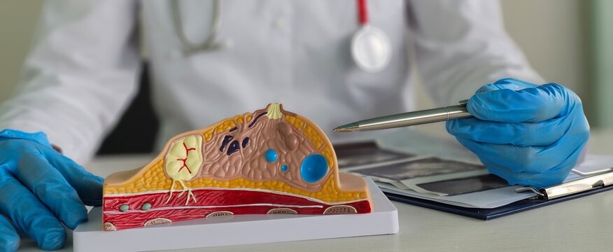 Female doctor explains disease and uses anatomical model of breast concept