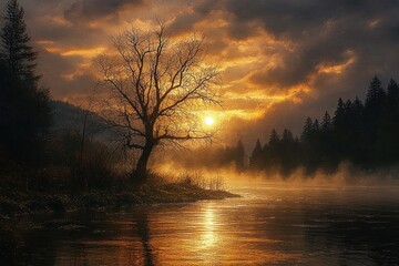 Lone leafless tree on a riverbank at golden sunrise, mist rising over reflective water, evergreen forest silhouettes under a dramatic cloudy sky, tranquil and moody atmosphere