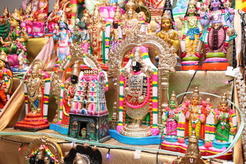 Indian Navaratri Golu idols setup. all god idols arranged in order during Dussehra festival. a religious festival in Tamilnadu and India.