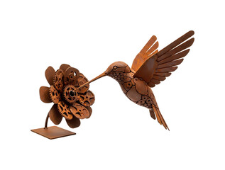機械的な鳥が花に寄り添うユニークな彫刻