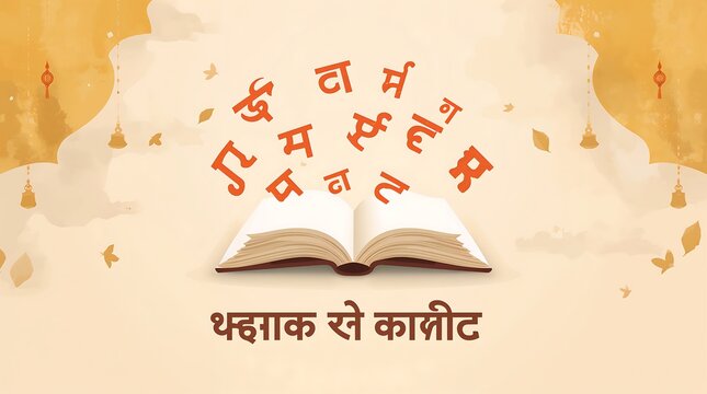 Hindi literature themed illustration with open book and floating letters cultural background - Powered by Adobe