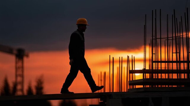 Silhouette of a construction worker walking on a beam at sunset, highlighting safety and hard work