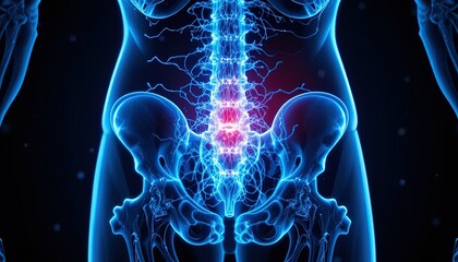 Glowing blue human pelvis and spine with highlighted sciatic nerves
