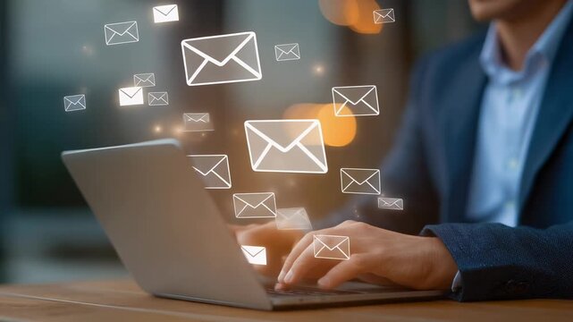 Businessman working on laptop with email notifications in a modern office setting