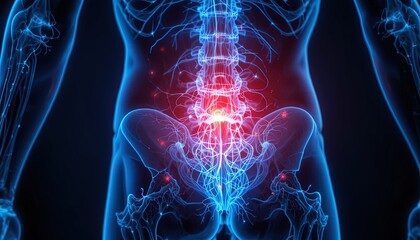 Lower back pain concept with glowing red sciatic nerve roots