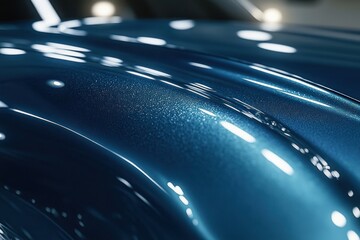 close-up of glossy metallic blue car body with shimmering paint flakes and bright studio light reflections conveying sleek polished elegance
