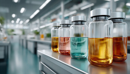 Colorful liquid samples glass vials, precisely arranged within modern, futuristic laboratory. Sterile setting for scientific research