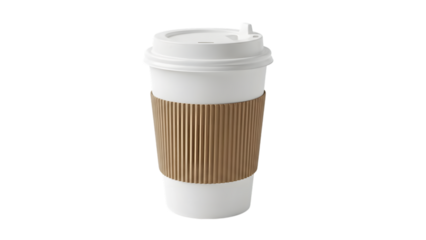 Disposable coffee cup with lid and sleeve isolated on transparent background