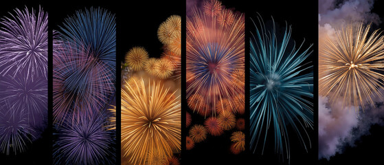 Abstract firework composite with vertical segments of deep purple and gold light trails, high-impact graphic design of multi-temporal bursts on a stark black background.