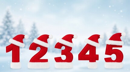Festive Christmas Countdown Numbers 1 to 5 with Santa Hats on Winter Background