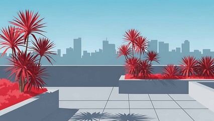 modern rooftop terrace with red tropical plants overlooking minimalist city skyline under clear blue sky urban garden illustration