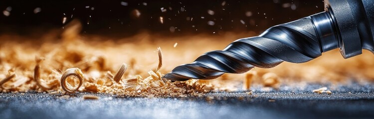 Close-up of a spiral steel drill bit cutting into wood with curling wood shavings, flying sawdust and sparks, conveying dynamic energy and precise action