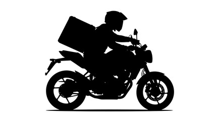 Obraz premium Silhouette graphic of a motorcycle delivery driver wearing a helmet and carrying a large insulated box against white