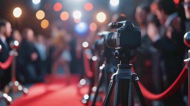 Cameras on tripods capturing moments at a stylish red carpet event in a blurred background