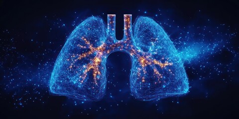 Glowing digital lungs formed by a blue wireframe network with orange neural-like sparks against a dark starry background, conveying futuristic vitality and energy