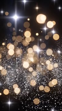 Sparkling Festive Background - This video showcases a dark background with a profusion of bokeh lights and shimmering specks resembling glitter, along with bright star shapes scattered throughout.