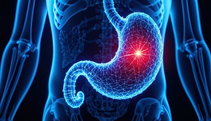 Stomach pain and digestive health issues concept with glowing red spot