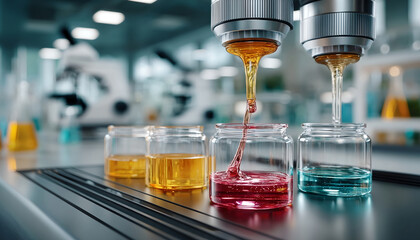 Futuristic robotic laboratory device analyzing liquid sample. Automation technology streamlines science research and experiment, promising