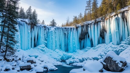 Frozen Waterfall in a Winter Wonderland Surrounded by Snow and Pine Trees.