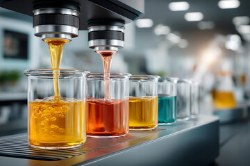 Robotic dispenser pours vibrant liquid into beakers bright laboratory. Meticulous sample testing highlights precise scientific analysis