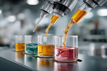 Modern laboratory with robotic precision dispensing colorful chemical liquid samples for scientific research and testing, fostering innovation