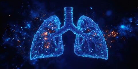 futuristic glowing digital lungs wireframe with neural-like network, glowing nodes and orange sparks against a dark background, evoking scientific wonder and urgent intensity