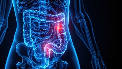 Human digestive system with inflamed intestine and colon