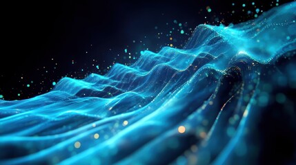 glowing blue digital waves with floating particles and light bokeh on a dark background, serene futuristic motion