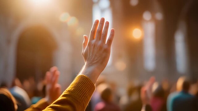 Captivating worship scene with raised hand and warm light, perfect for faith and spirituality themes