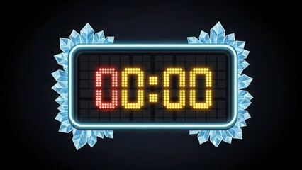 Digital Clock with Ice Crystals Displaying Zero Time on Dark Background.